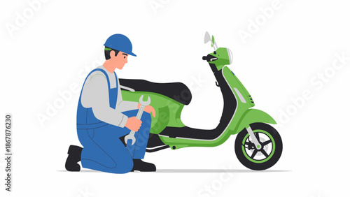 A mechanic in blue overalls and cap kneeling, holding a wrench, and repairing a green scooter on a white background.
