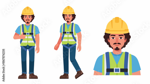 A cartoon illustration of a male construction worker wearing a hard hat, safety vest, and harness, shown in full body and close-up views.
