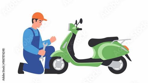 Man in overalls repairing a green scooter with a wrench, illustration.
