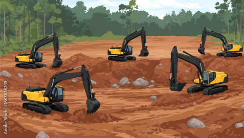 Six yellow and black excavators working on a construction site, digging and moving reddish-brown earth with trees in the background.