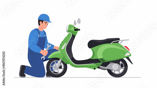 Man in blue overalls repairing a green scooter with a wrench on a white background.
