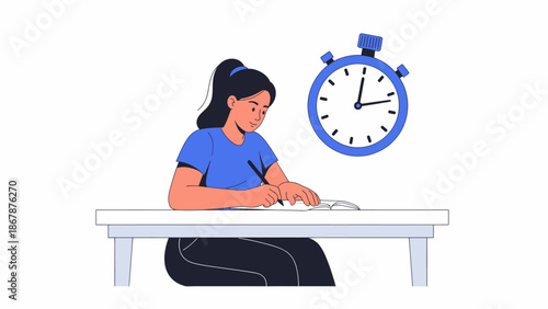 Young woman studying or taking an exam with a stopwatch, symbolizing time pressure.