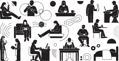 People working and relaxing in various office settings and poses