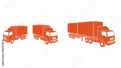 Orange silhouette illustrations of various trucks, including box trucks and a semi-trailer with containers, representing transport and logistics.