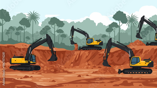 Multiple yellow excavators digging into red soil in an open pit with trees in the background.