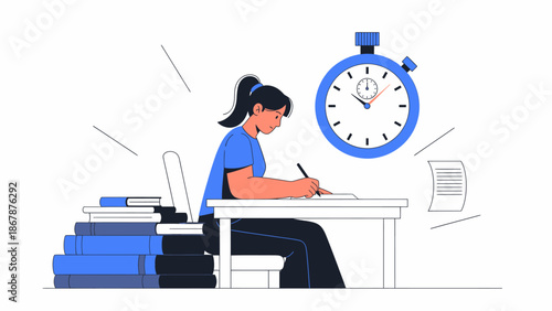 A student diligently studying or taking an exam under time pressure, with books and a large stopwatch in the background.
