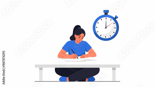 A young woman sitting at a desk, focused on writing or taking an exam under time pressure, with a stopwatch in the background.