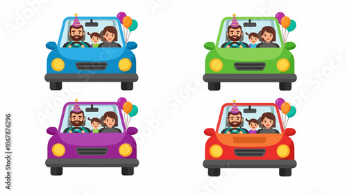 Four colorful cartoon cars with families celebrating a party, each car featuring a man, woman, and child wearing party hats and balloons.