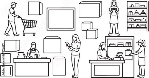 People shopping and working in a store with boxes and shelves