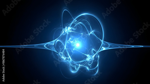 Glowing blue atom model in futuristic neon lighting with swirling energy on dark blue background for scientific illustration