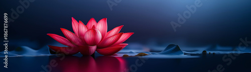 Beautiful pink lotus flower floating on dark blue water for peace and spiritual harmony