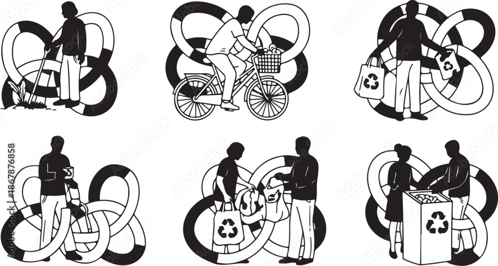 Obraz premium Recycling illustrations of people with eco friendly habits