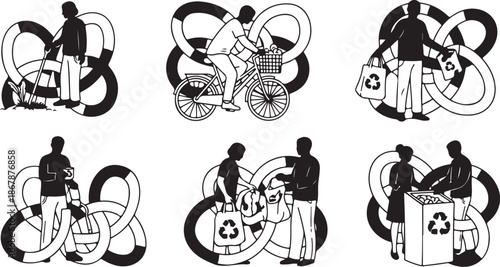 Recycling illustrations of people with eco friendly habits