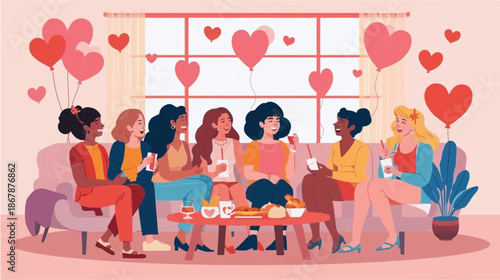 A diverse group of seven women enjoying a friendly gathering with snacks and heart balloons.