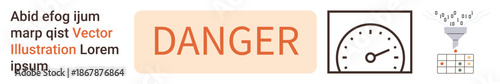 Safety precautions, risk assessment, performance monitoring, hazard alerts, data filtration, project planning. A bold danger sign, gauge funnel filtering into a calendar. Safety precautions and risk
