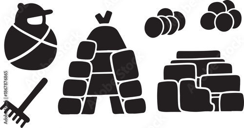 Black and white igloo and gardening icons set
