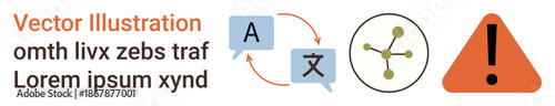 Language translation, data connectivity, caution, global communication, technology interface, and information sharing. Features speech bubbles, network nodes and warning symbols. Translation