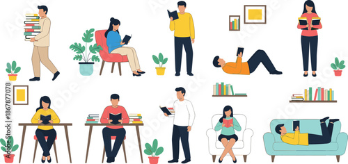 Collection of Diverse People Reading Books in Different Poses Set of Flat Vector Illustrations for Education Library and Literacy Projects