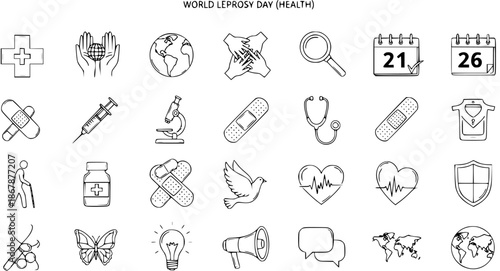 Black and White Line Art Icons for World Leprosy Day Health: Medical Symbols, Globe, Calendar, Heartbeat, Dove, Research, and Support