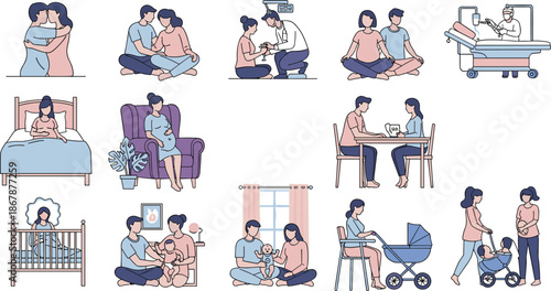 Comprehensive Pregnancy and Parenting Vector Set Featuring Expectant Couples Newborn Care Medical Checkups Breastfeeding and Family Life Scenes Isolated on White