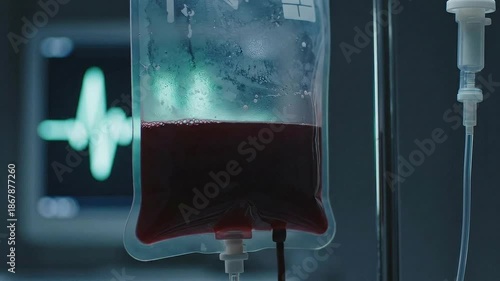 Blood Bag Close Up Intravenous Fluid Bag with Monitor Behind for Transfusion during Medical Emergency Blood Donation with Display of Vitals with Cold Tone High Contrast