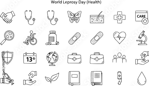 World Leprosy Day Health Icons Set: Medical Symbols, Care, Diagnosis, Treatment, Stethoscope, Syringe, Butterfly Vector Line Art