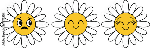 Cute Daisy Flower Vector Character Set Featuring Different Facial Expressions Including Happy Smiling and Sad Emotions for Kids Design Projects