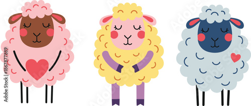 Cute Sheep Vector Illustration Set Featuring Three Colorful Fluffy Lambs with Hearts and Smiling Faces in a Whimsical Hand Drawn Style