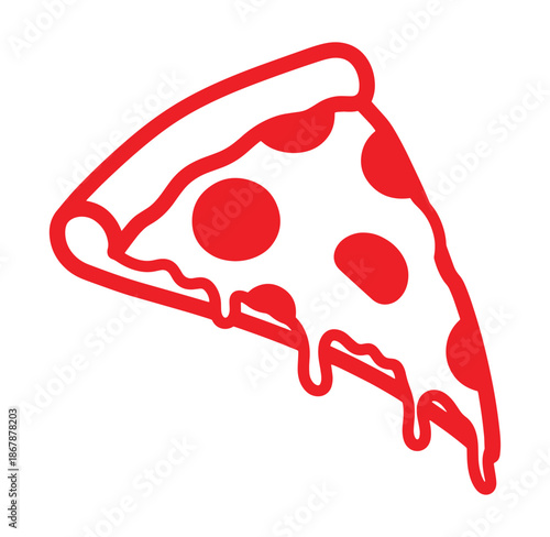 Red pizza slice illustration with cheese and pepperoni in a simplified outline design