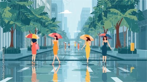 Women walking with colorful umbrellas on a rainy city street with reflections on the wet pavement and buildings in the background.