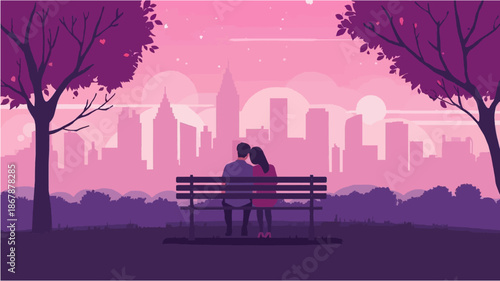 A romantic couple sits on a park bench, embracing and watching the pink and purple city skyline at sunset, surrounded by trees.