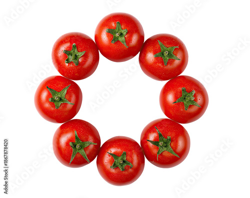 Circle of eight ripe, red tomatoes with green stems on a black background