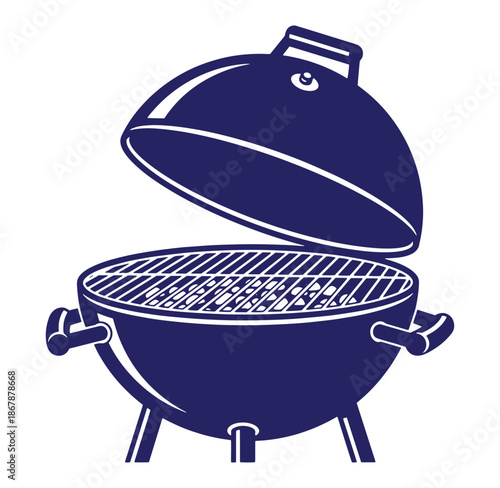 Simple blue outline illustration of an open charcoal grill with a classic lid