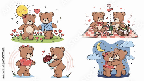 Cute teddy bears in various romantic scenes celebrating love and friendship.