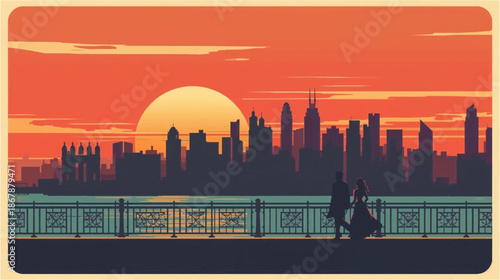 Romantic sunset over a city skyline with a couple walking along a waterfront promenade, featuring warm orange and red hues.