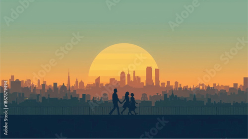 Silhouette of a family walking hand-in-hand against a vibrant sunset over a modern city skyline, with warm orange and cool blue hues.