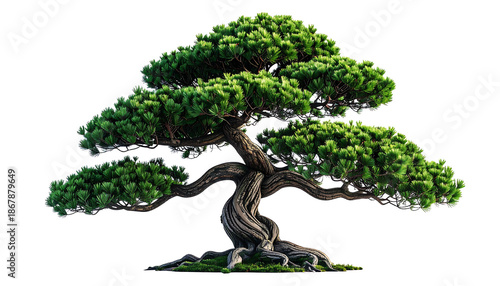 Traditional Japanese Bonsai Tree with Twisted Trunk Isolated on White Background