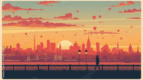 A romantic city skyline at sunset with a person walking along a promenade, featuring heart-shaped clouds floating in the warm, gradient sky.