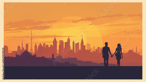A romantic silhouette of a couple holding hands, watching a beautiful sunset over a global city skyline.