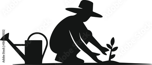 man planting tree gardening silhouette vector illustration
