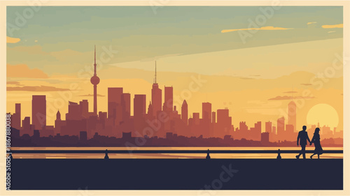 A couple walks hand-in-hand along a waterfront promenade with a silhouetted city skyline at sunset, featuring warm orange and yellow hues.