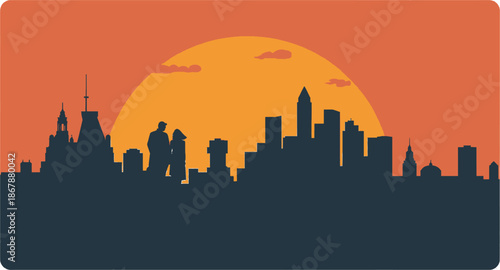 Silhouette of a city skyline at sunset with a large orange sun and two figures standing in the middle.