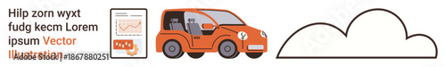 Transportation, data analysis, cloud storage, technology, innovation, connectivity. Orange autonomous car with a data chart and a cloud graphic. Transportation and data analysis concept