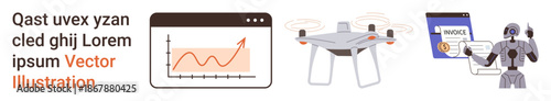 Data analytics, automation, technology advancement, AI, remote monitoring, robotics systems. Chart with rising trend, quadcopter invoice robot. Data analytics and automation concepts