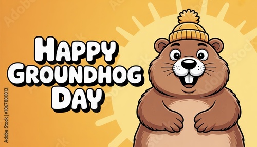 Groundhog Day Celebration: A cheerful groundhog with a knitted cap and an inviting smile joyously announces Happy Groundhog Day against a bright orange backdrop.
