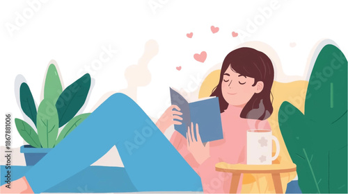 A young woman relaxing at home, happily reading a book with plants and a warm drink nearby, enjoying a peaceful moment.