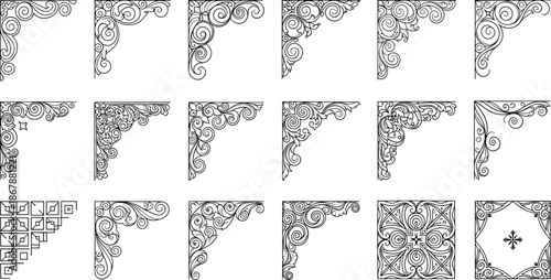 Ornate corner and border vector set with floral, swirl, and geometric motifs for decorative, frame, and design themes.