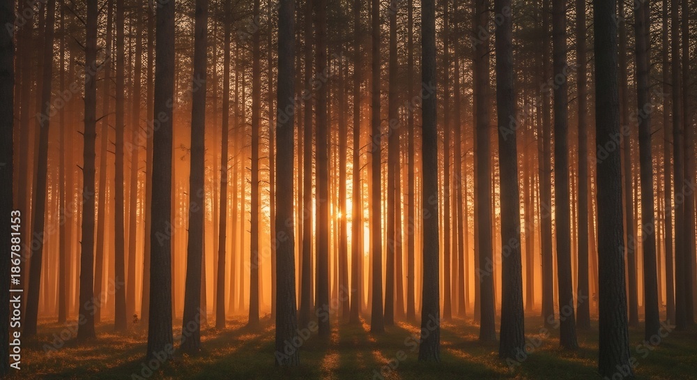 Obraz premium Sunlit Forest - A Serene Scene of Trees Bathed in Golden Light.
