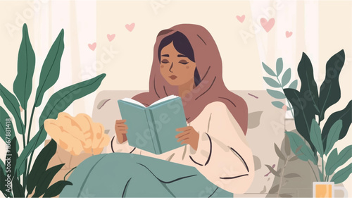 A woman in a hijab reading a book on a cozy couch with plants and a cat, surrounded by floating hearts.