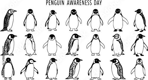 Penguin Awareness Day Black and White Line Art Vector Illustrations Set. Hand-drawn collection of diverse penguin species for nature, wildlife, and education themes.